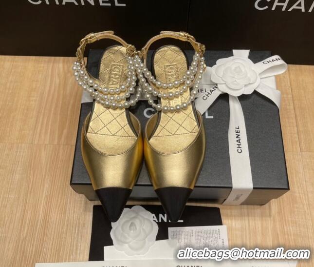 Lower Price Chanel Lambskin Flat Pearl Slingbacks G37532 Gold 325066