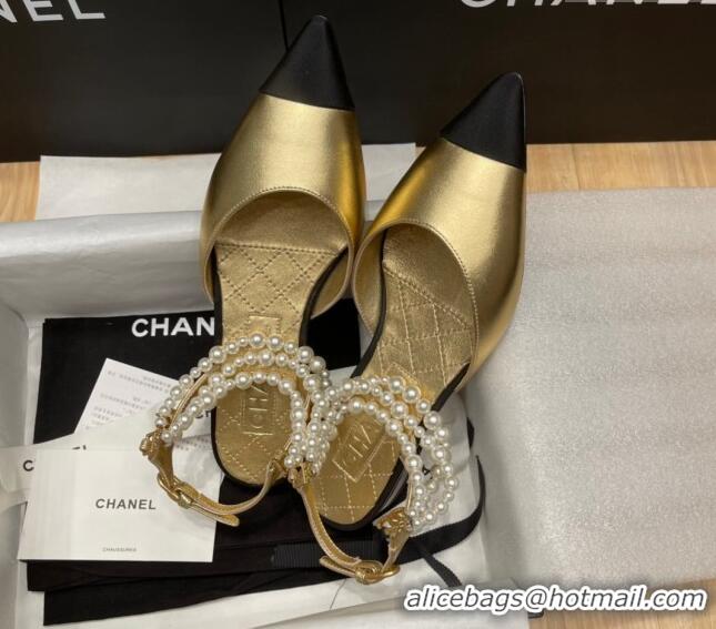 Lower Price Chanel Lambskin Flat Pearl Slingbacks G37532 Gold 325066