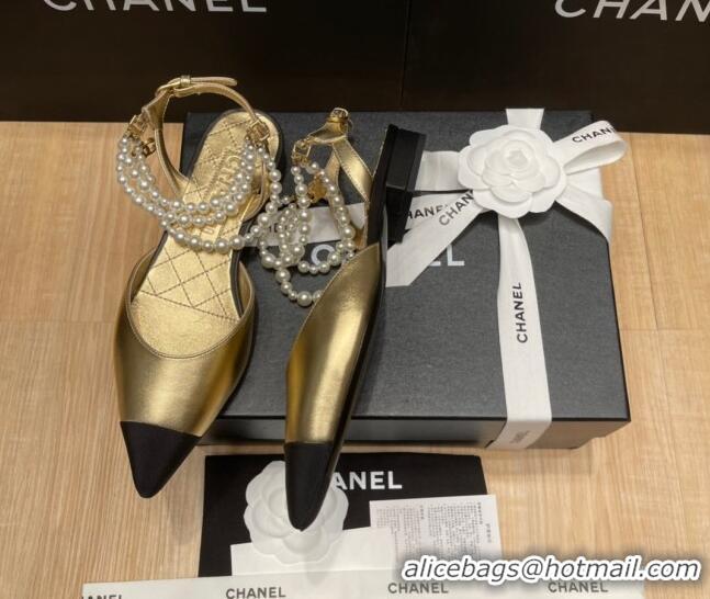 Lower Price Chanel Lambskin Flat Pearl Slingbacks G37532 Gold 325066