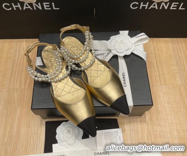 Lower Price Chanel Lambskin Flat Pearl Slingbacks G37532 Gold 325066