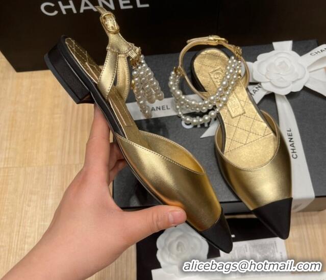 Lower Price Chanel Lambskin Flat Pearl Slingbacks G37532 Gold 325066