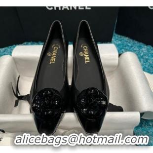 Sophisticated Chanel Calfskin Leather Camellia Bloom Ballet Flat Black 325068