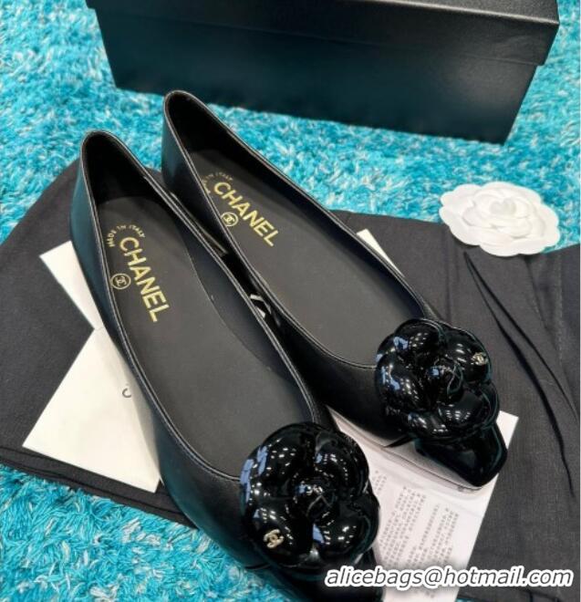 Sophisticated Chanel Calfskin Leather Camellia Bloom Ballet Flat Black 325068