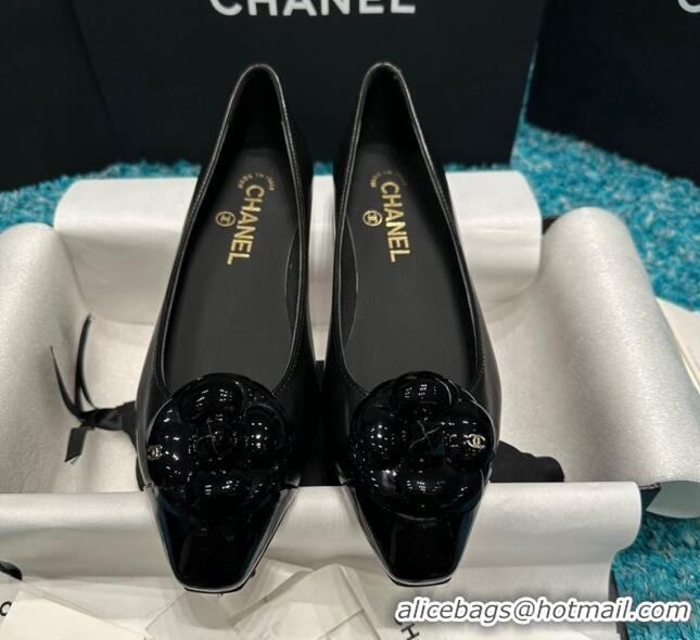 Sophisticated Chanel Calfskin Leather Camellia Bloom Ballet Flat Black 325068