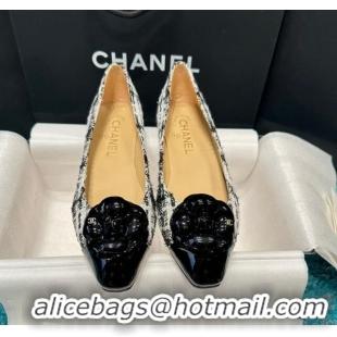 Duplicate Chanel Tweed Camellia Bloom Ballet Flat Black/White 325072