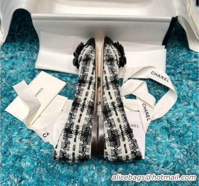 Duplicate Chanel Tweed Camellia Bloom Ballet Flat Black/White 325072