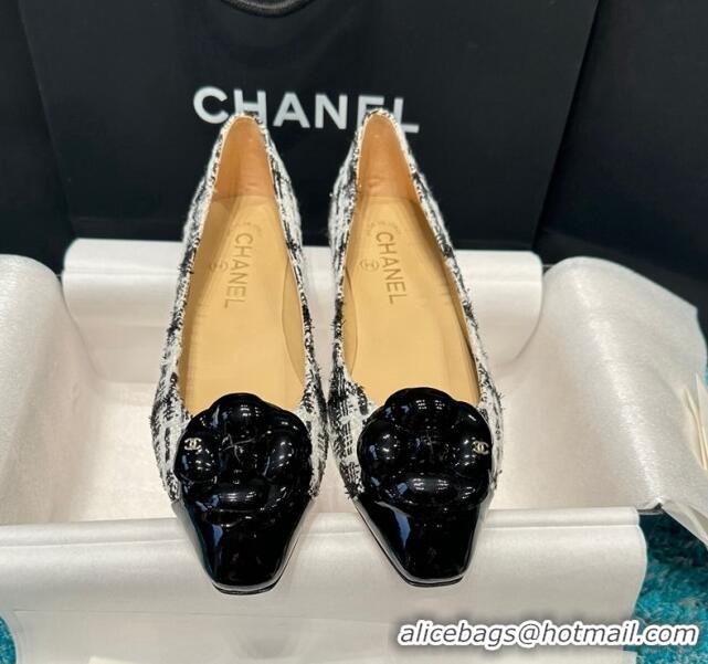 Duplicate Chanel Tweed Camellia Bloom Ballet Flat Black/White 325072