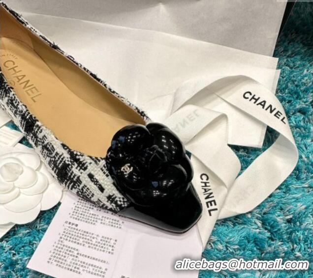 Duplicate Chanel Tweed Camellia Bloom Ballet Flat Black/White 325072