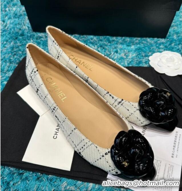 Best Price Chanel Tweed Camellia Bloom Ballet Flat White/Black 325073