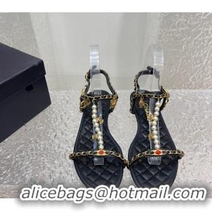 Perfect Chanel Lambskin Flat Sandals with Pearls and Chain Black 325074