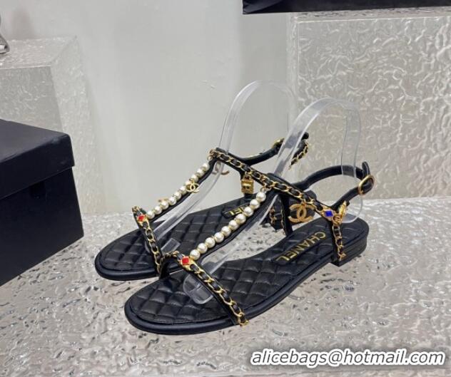 Perfect Chanel Lambskin Flat Sandals with Pearls and Chain Black 325074