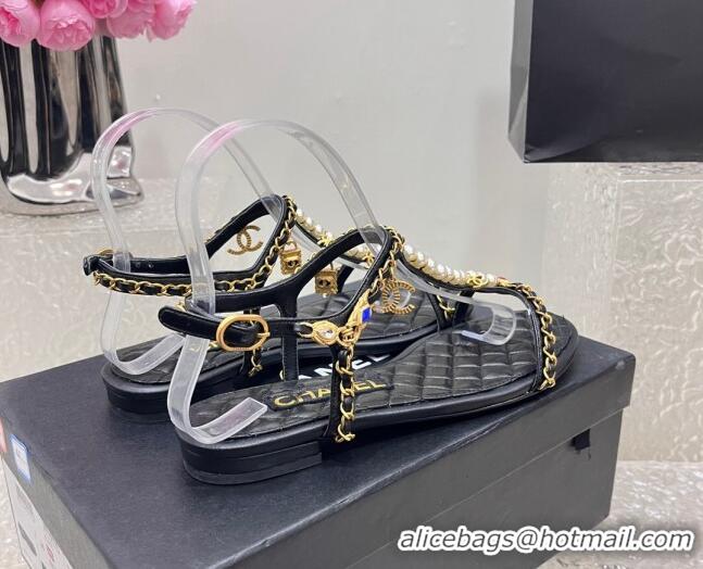 Perfect Chanel Lambskin Flat Sandals with Pearls and Chain Black 325074