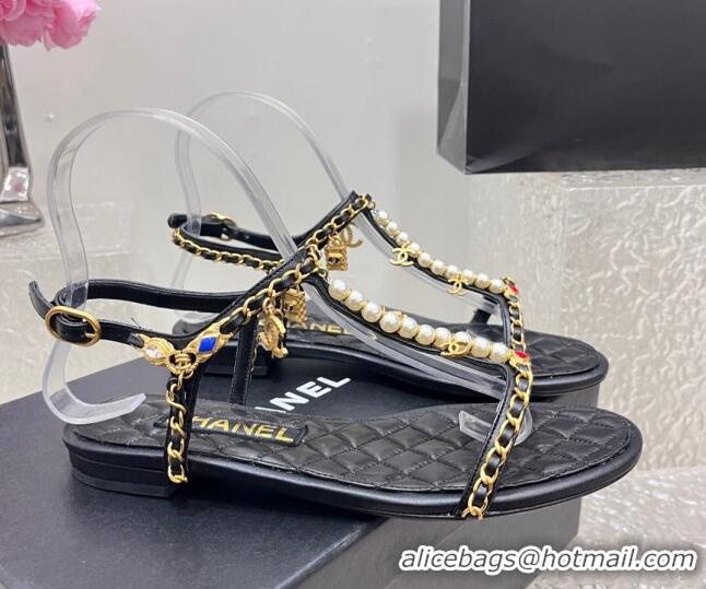 Perfect Chanel Lambskin Flat Sandals with Pearls and Chain Black 325074