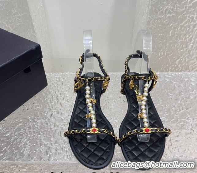 Perfect Chanel Lambskin Flat Sandals with Pearls and Chain Black 325074