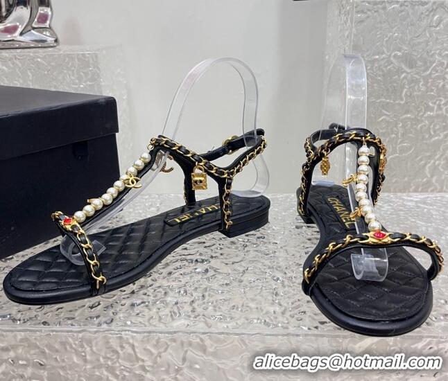 Perfect Chanel Lambskin Flat Sandals with Pearls and Chain Black 325074