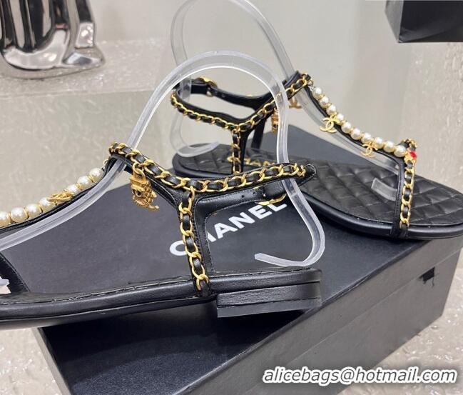 Perfect Chanel Lambskin Flat Sandals with Pearls and Chain Black 325074