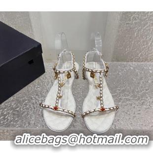 Hot Style Chanel Lambskin Flat Sandals with Pearls and Chain White 325075