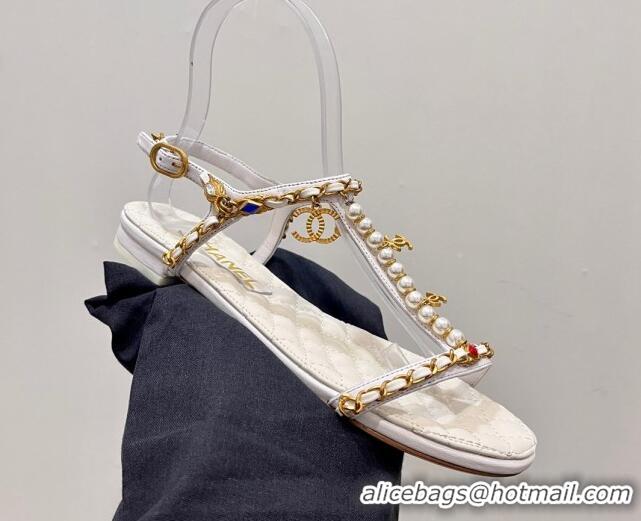 Hot Style Chanel Lambskin Flat Sandals with Pearls and Chain White 325075