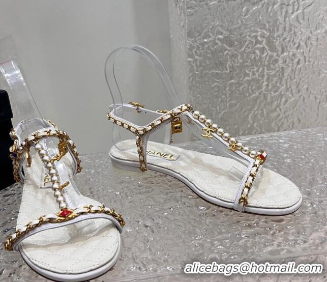 Hot Style Chanel Lambskin Flat Sandals with Pearls and Chain White 325075