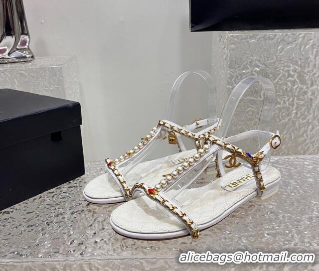 Hot Style Chanel Lambskin Flat Sandals with Pearls and Chain White 325075