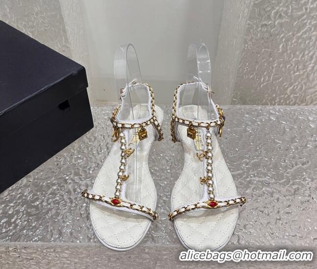 Hot Style Chanel Lambskin Flat Sandals with Pearls and Chain White 325075