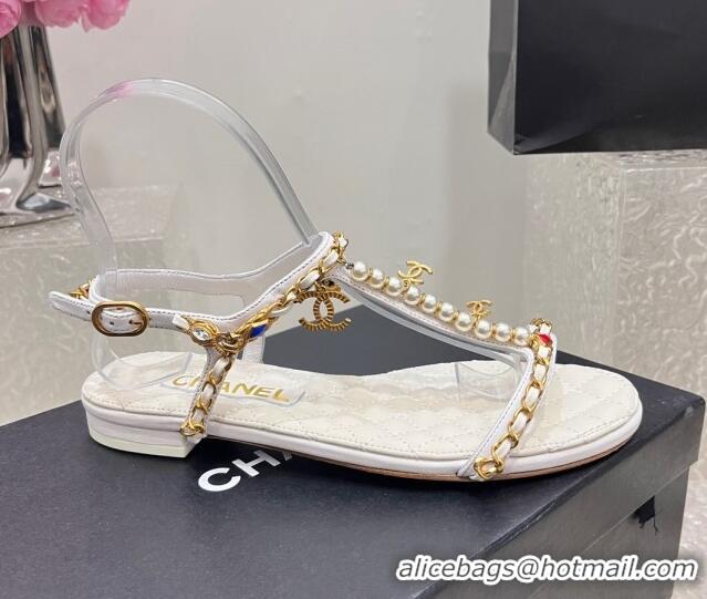 Hot Style Chanel Lambskin Flat Sandals with Pearls and Chain White 325075