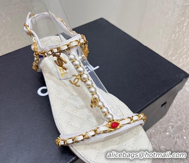 Hot Style Chanel Lambskin Flat Sandals with Pearls and Chain White 325075