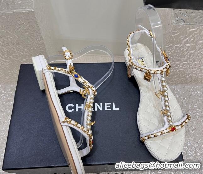 Hot Style Chanel Lambskin Flat Sandals with Pearls and Chain White 325075