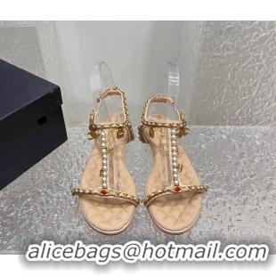 Classic Hot Chanel Lambskin Flat Sandals with Pearls and Chain Beige 325076