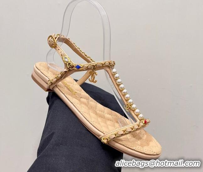 Classic Hot Chanel Lambskin Flat Sandals with Pearls and Chain Beige 325076