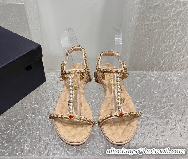 Classic Hot Chanel Lambskin Flat Sandals with Pearls and Chain Beige 325076