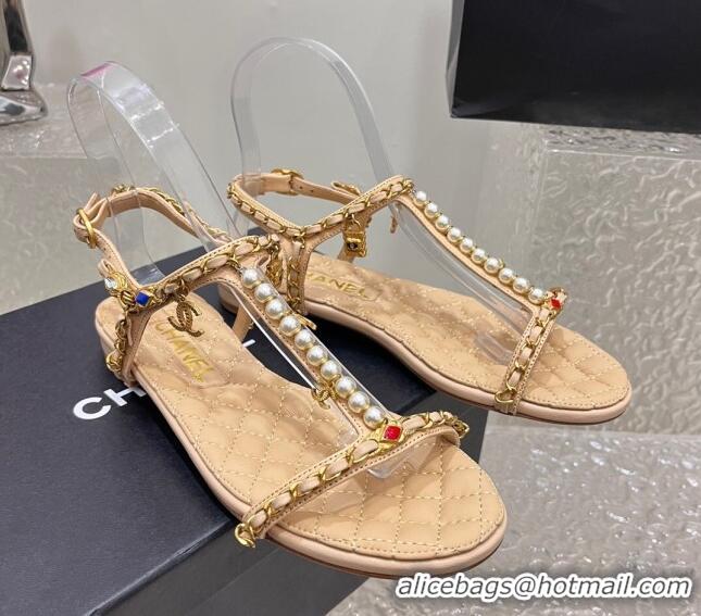 Classic Hot Chanel Lambskin Flat Sandals with Pearls and Chain Beige 325076