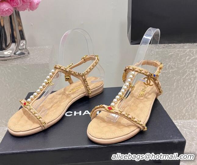 Classic Hot Chanel Lambskin Flat Sandals with Pearls and Chain Beige 325076