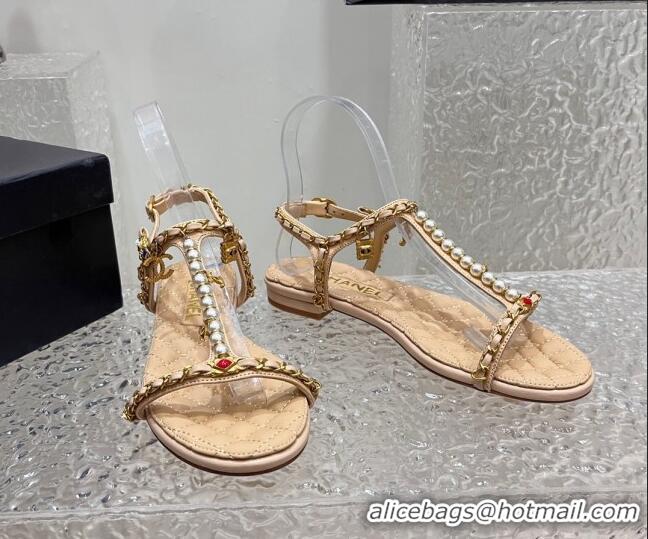 Classic Hot Chanel Lambskin Flat Sandals with Pearls and Chain Beige 325076