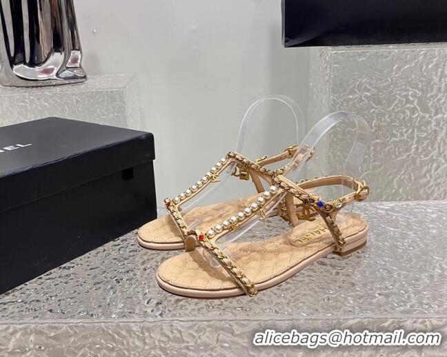 Classic Hot Chanel Lambskin Flat Sandals with Pearls and Chain Beige 325076