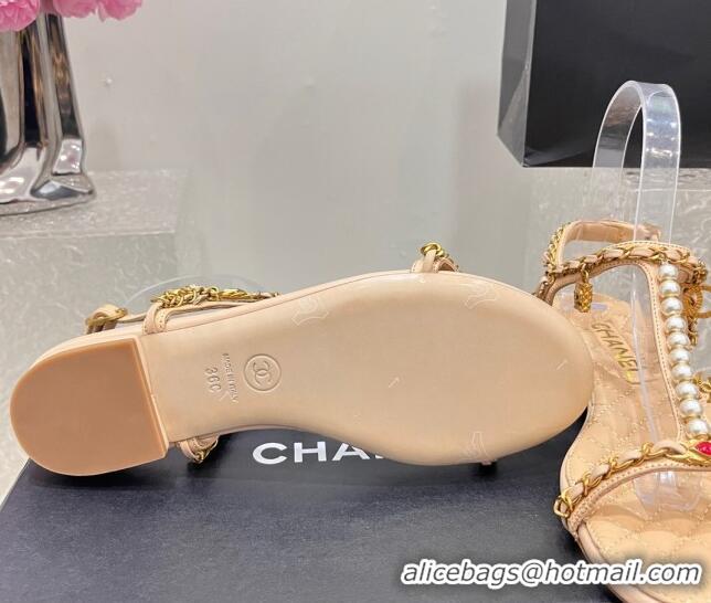 Classic Hot Chanel Lambskin Flat Sandals with Pearls and Chain Beige 325076