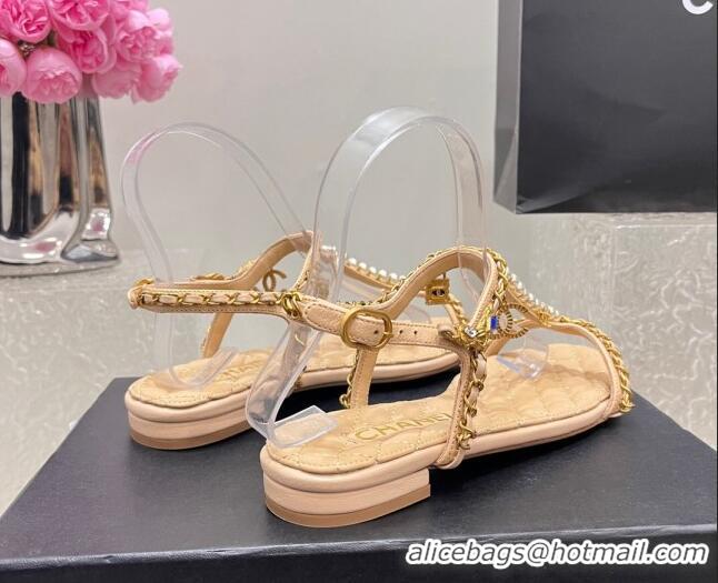 Classic Hot Chanel Lambskin Flat Sandals with Pearls and Chain Beige 325076