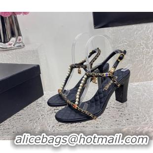 Good Quality Chanel Lambskin Heel Sandals 8cm with Pearls and Chain Black 325077