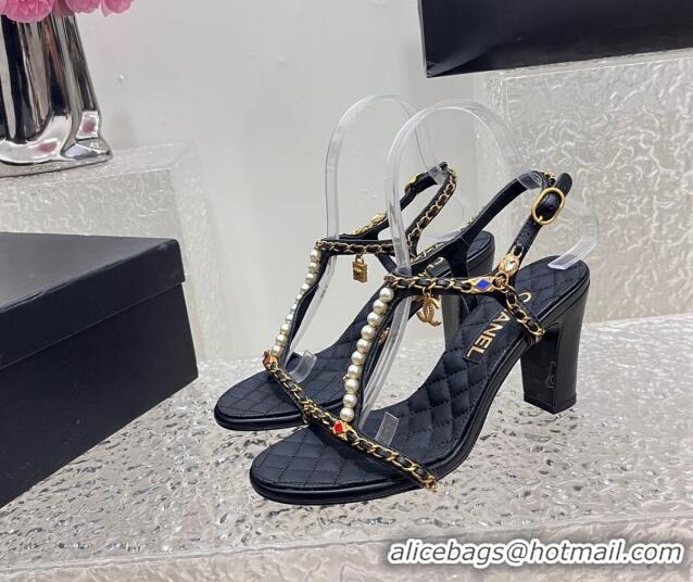 Good Quality Chanel Lambskin Heel Sandals 8cm with Pearls and Chain Black 325077