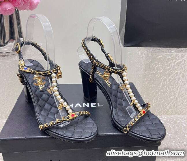 Good Quality Chanel Lambskin Heel Sandals 8cm with Pearls and Chain Black 325077