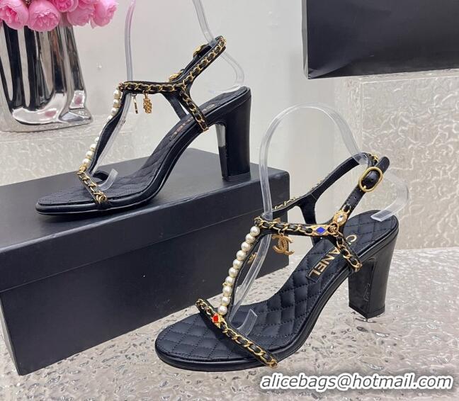 Good Quality Chanel Lambskin Heel Sandals 8cm with Pearls and Chain Black 325077