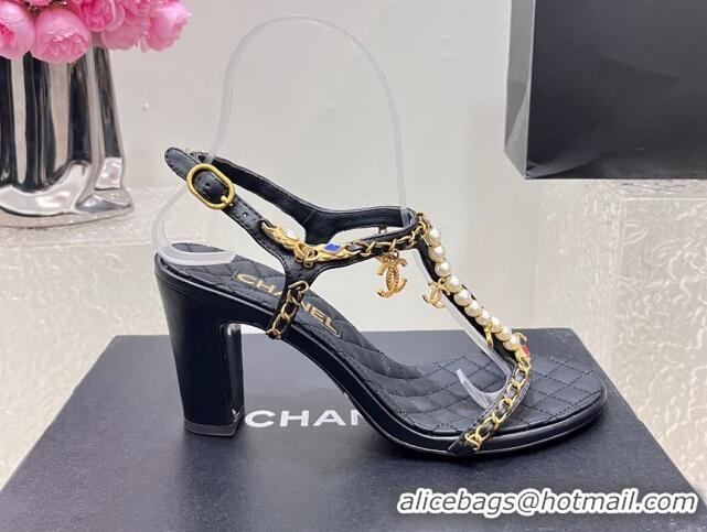 Good Quality Chanel Lambskin Heel Sandals 8cm with Pearls and Chain Black 325077