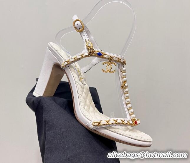 Luxury Chanel Lambskin Heel Sandals 8cm with Pearls and Chain White 325078