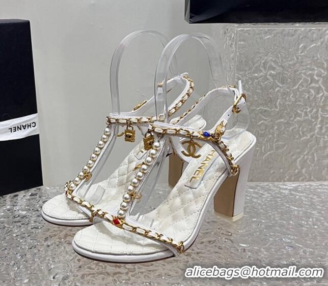 Luxury Chanel Lambskin Heel Sandals 8cm with Pearls and Chain White 325078