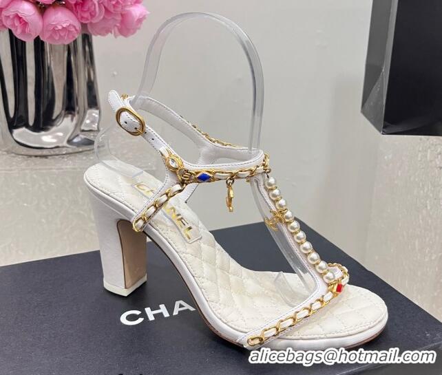 Luxury Chanel Lambskin Heel Sandals 8cm with Pearls and Chain White 325078