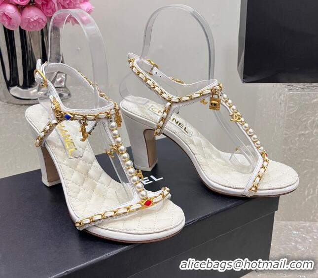 Luxury Chanel Lambskin Heel Sandals 8cm with Pearls and Chain White 325078