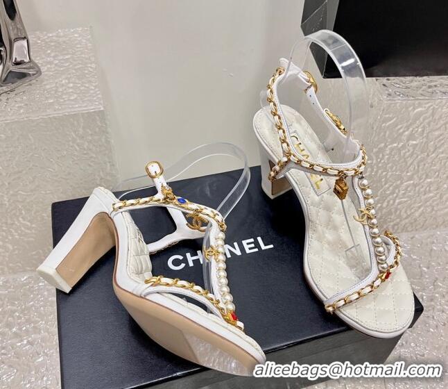 Luxury Chanel Lambskin Heel Sandals 8cm with Pearls and Chain White 325078