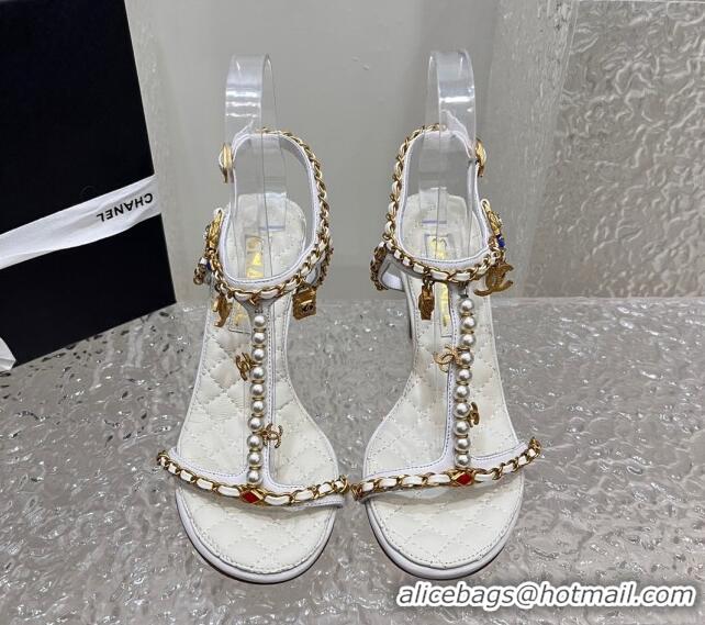 Luxury Chanel Lambskin Heel Sandals 8cm with Pearls and Chain White 325078