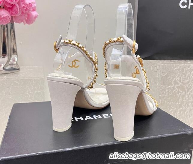 Luxury Chanel Lambskin Heel Sandals 8cm with Pearls and Chain White 325078