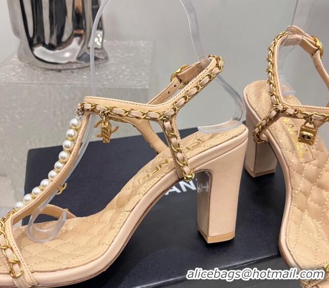 Pretty Style Chanel Lambskin Heel Sandals 8cm with Pearls and Chain Beige 325079